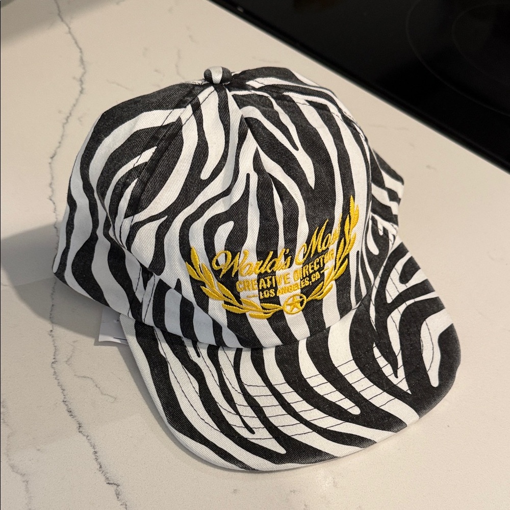 Zebra Print Cap with Yellow Embroidery